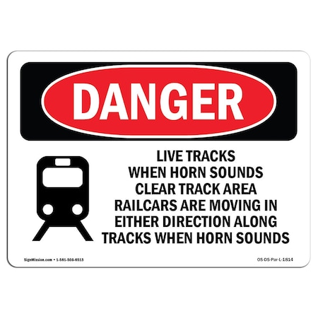Signmission OSHA Sign, Live Tracks Horn Sounds Clear Area Railcars, 24in X 18in Plastic, 18" W, 24" L, Lndscp OS-DS-P-1824-L-1814
